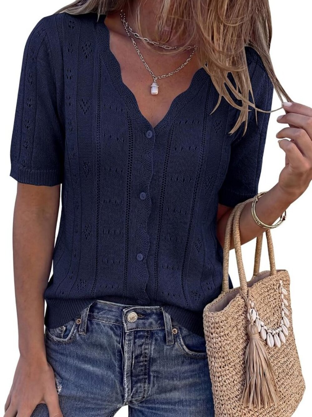 Lightweight Crochet Knit Cardigan - Short Sleeve Summer Sweater Top with Buttons
